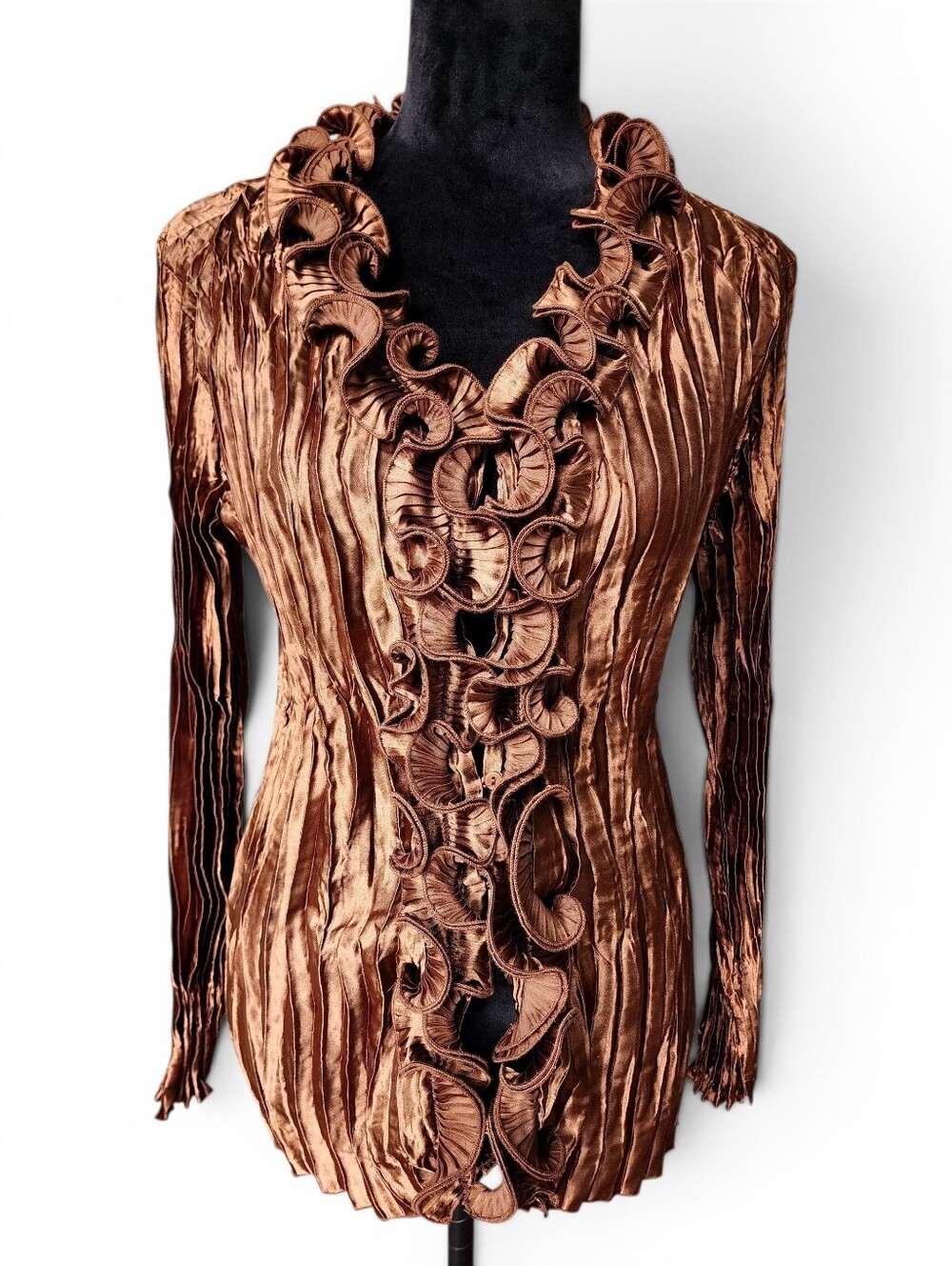 Toffee & Apple Copper Metallic Pleated Satin Ruffled Long Sleeve Blouse